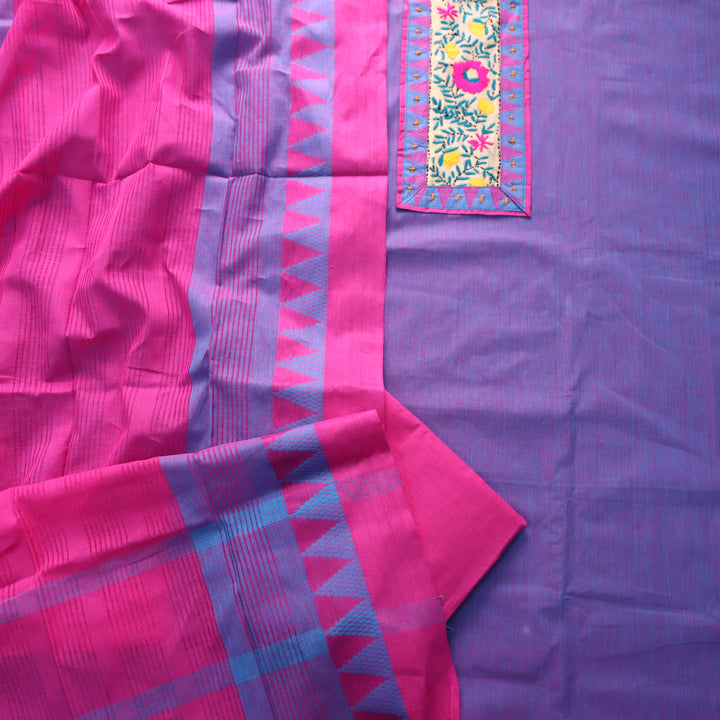 Khayal Magical Blue Thread Embroidered Neck Patch Temple Print South Cotton Set