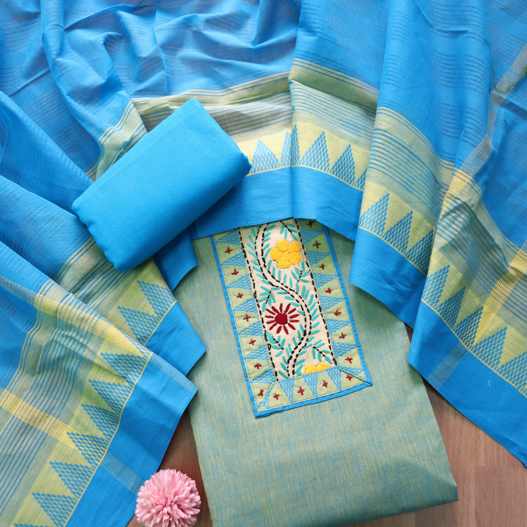 Khayal Sage Green Thread Embroidered Neck Patch Temple Print South Cotton Set