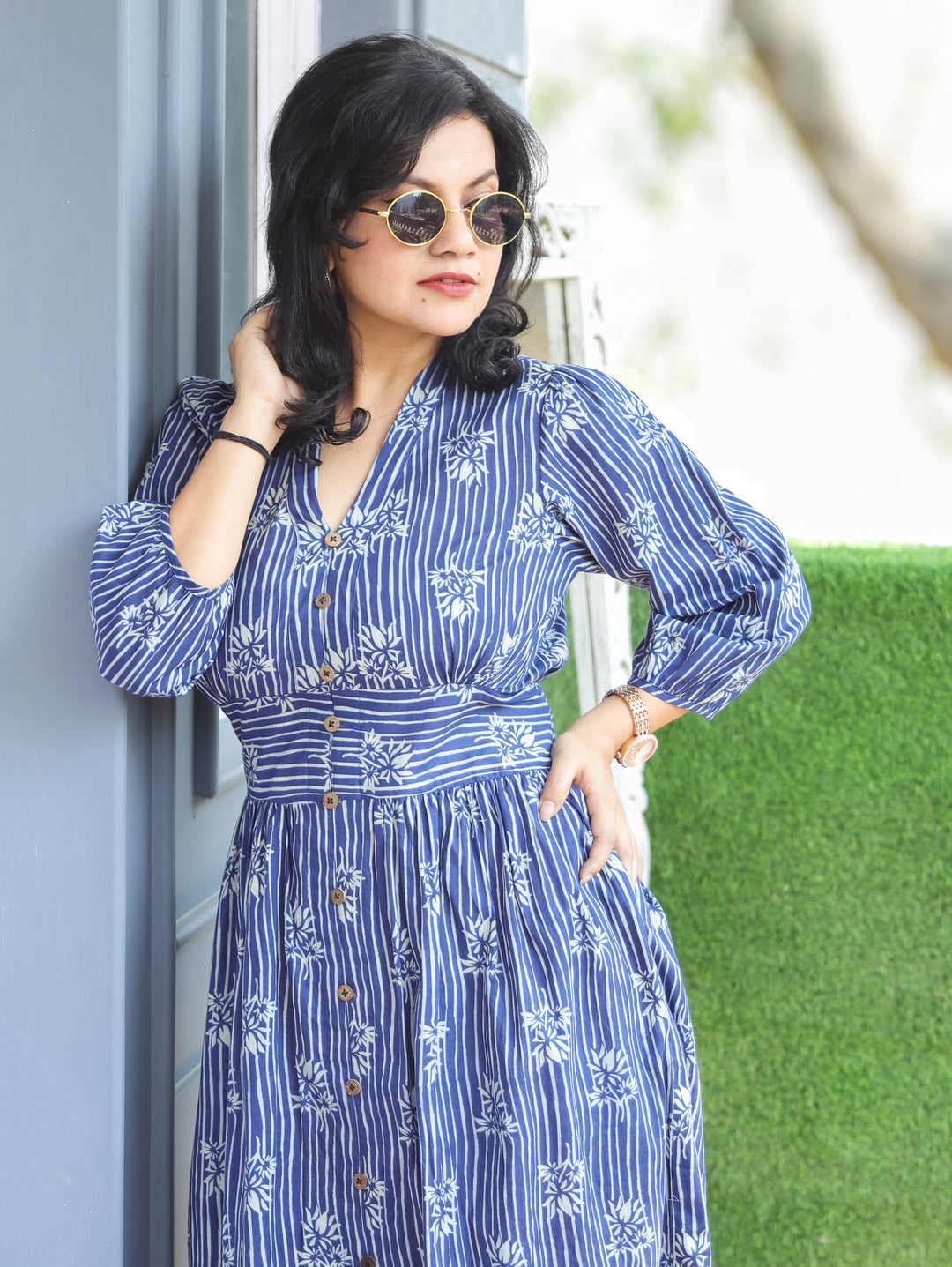 Joe Roce Navy Blue Dabu Print Cotton Dress