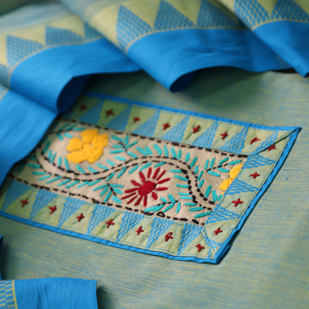 Khayal Sage Green Thread Embroidered Neck Patch Temple Print South Cotton Set