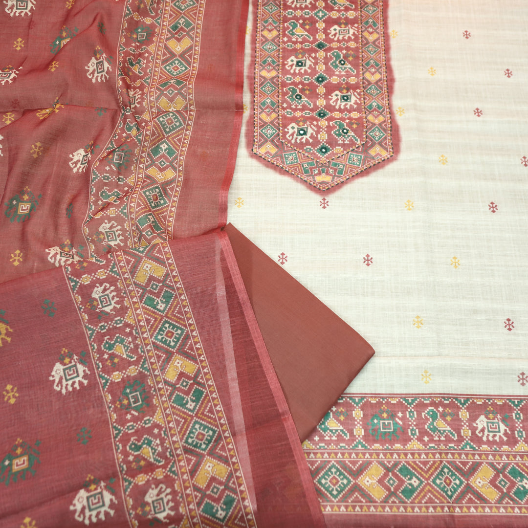 Saheli Beige with Mauve Patola Printed Hem and Yoke with Patra Cotton Linen Set