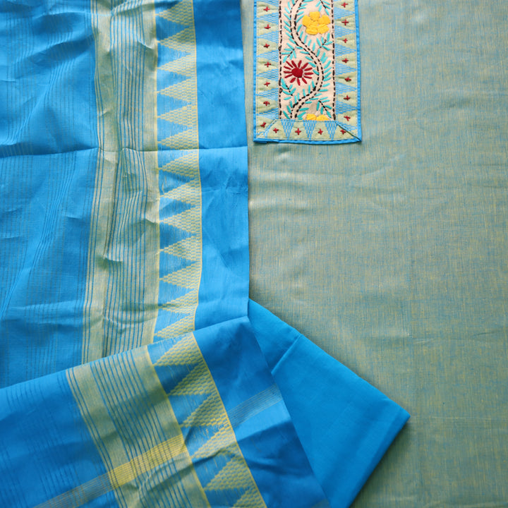 Khayal Sage Green Thread Embroidered Neck Patch Temple Print South Cotton Set