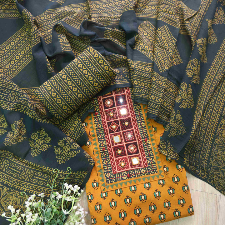 Chandni Dijon Yellow Ajrak Print Cotton Top With Printed Dupatta