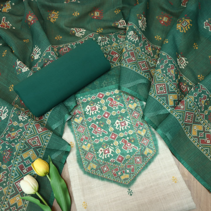 Saheli Beige with Green  Patola Printed Hem and Yoke with Patra Cotton Linen Set