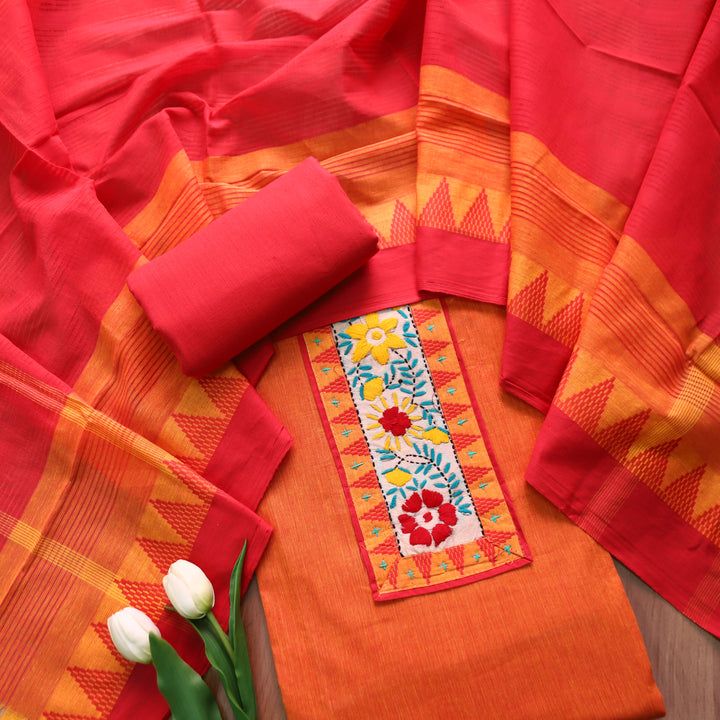 Khayal Tangerine Orange Thread Embroidered Neck Patch Temple Print South Cotton Set