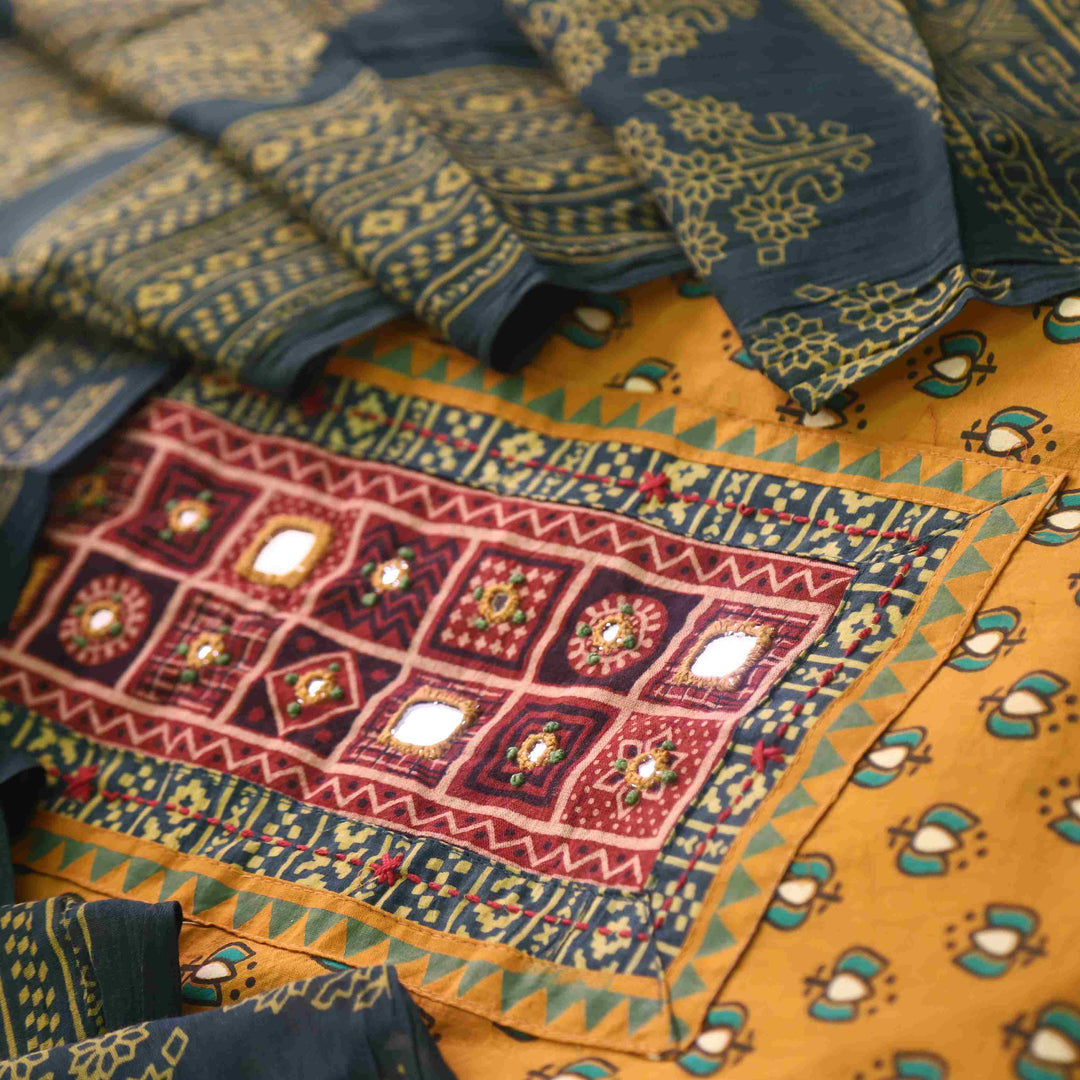 Chandni Dijon Yellow Ajrak Print Cotton Top With Printed Dupatta
