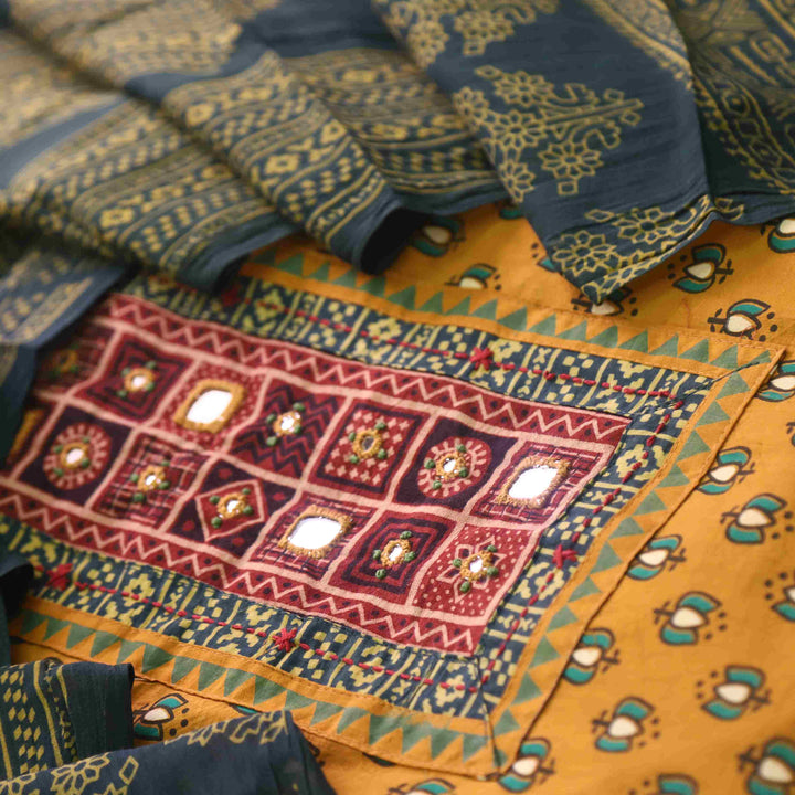 Chandni Dijon Yellow Ajrak Print Cotton Top With Printed Dupatta