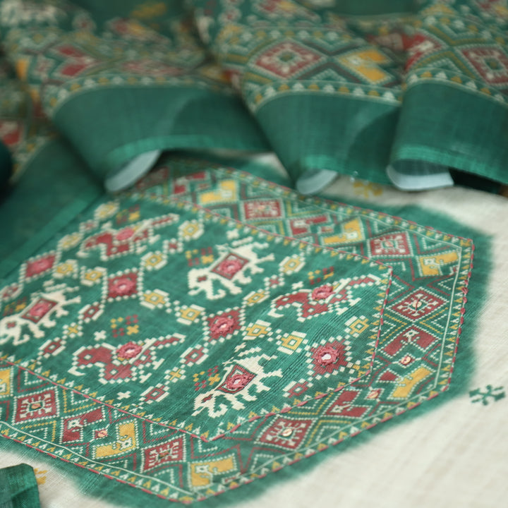 Saheli Beige with Green  Patola Printed Hem and Yoke with Patra Cotton Linen Set