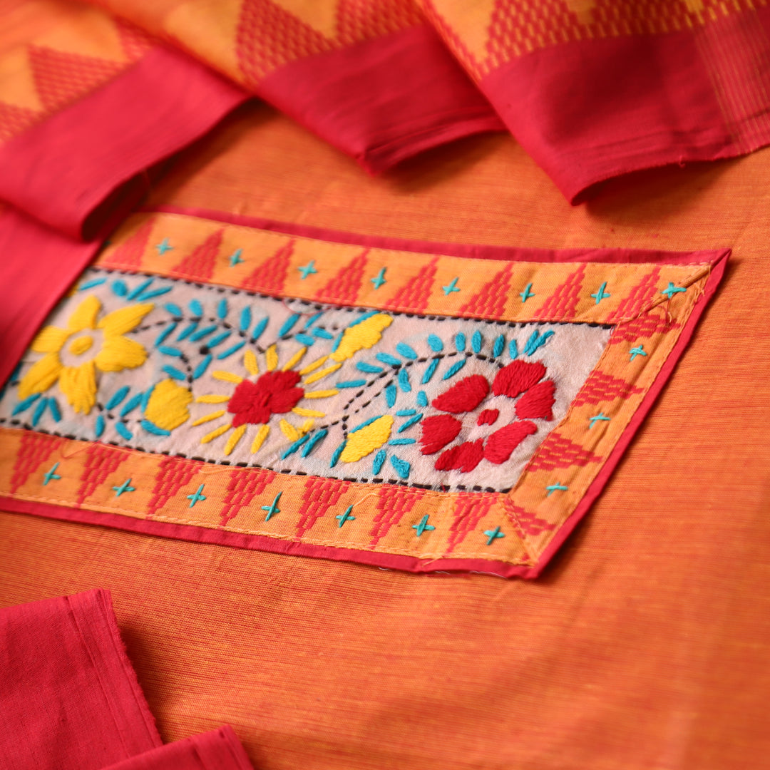 Khayal Tangerine Orange Thread Embroidered Neck Patch Temple Print South Cotton Set