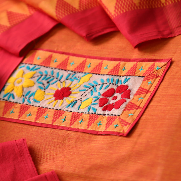 Khayal Tangerine Orange Thread Embroidered Neck Patch Temple Print South Cotton Set
