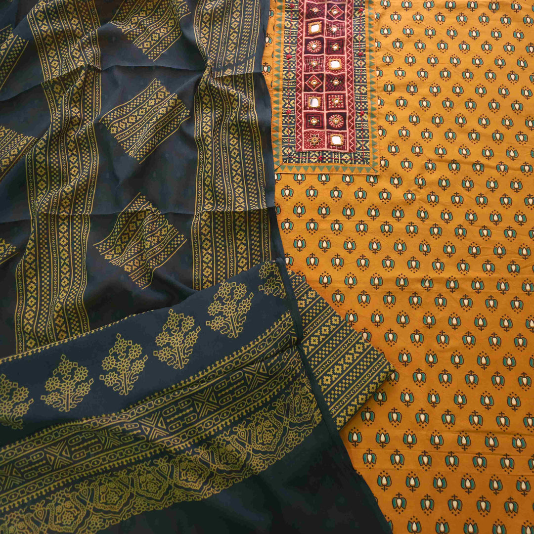 Chandni Dijon Yellow Ajrak Print Cotton Top With Printed Dupatta