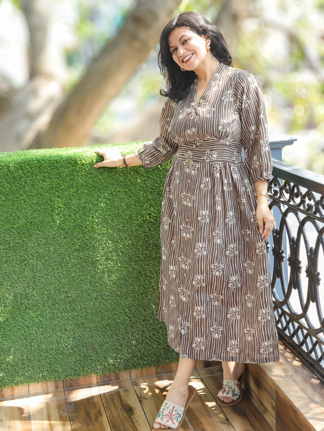 Joe Roce Choco Brown Dabu Print Cotton Dress