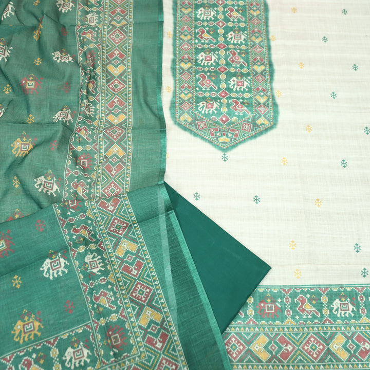 Saheli Beige with Green  Patola Printed Hem and Yoke with Patra Cotton Linen Set