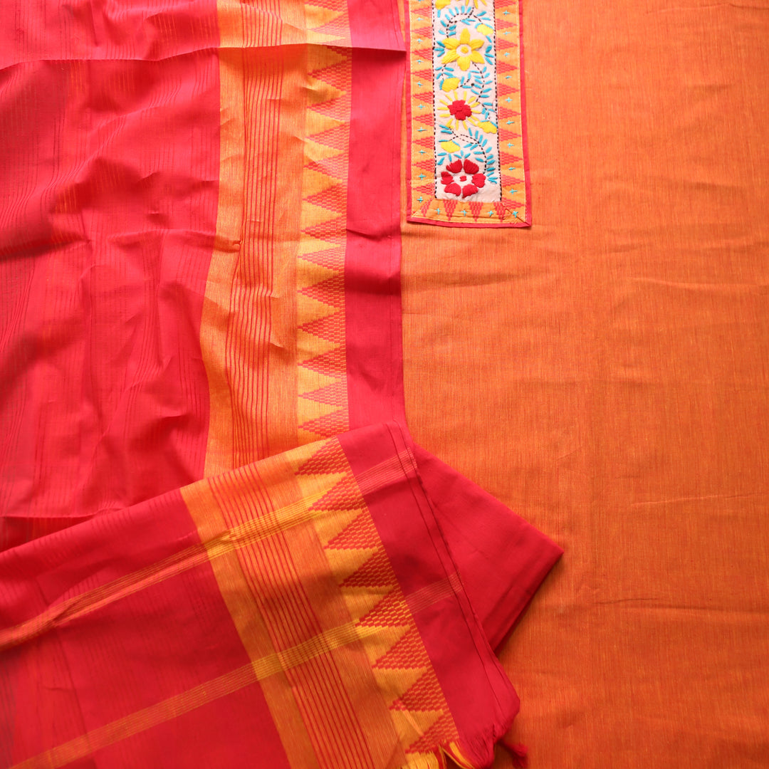 Khayal Tangerine Orange Thread Embroidered Neck Patch Temple Print South Cotton Set