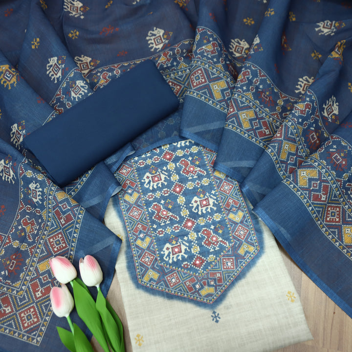 Saheli Beige with Blue Patola Printed Hem and Yoke with Patra Cotton Linen Set