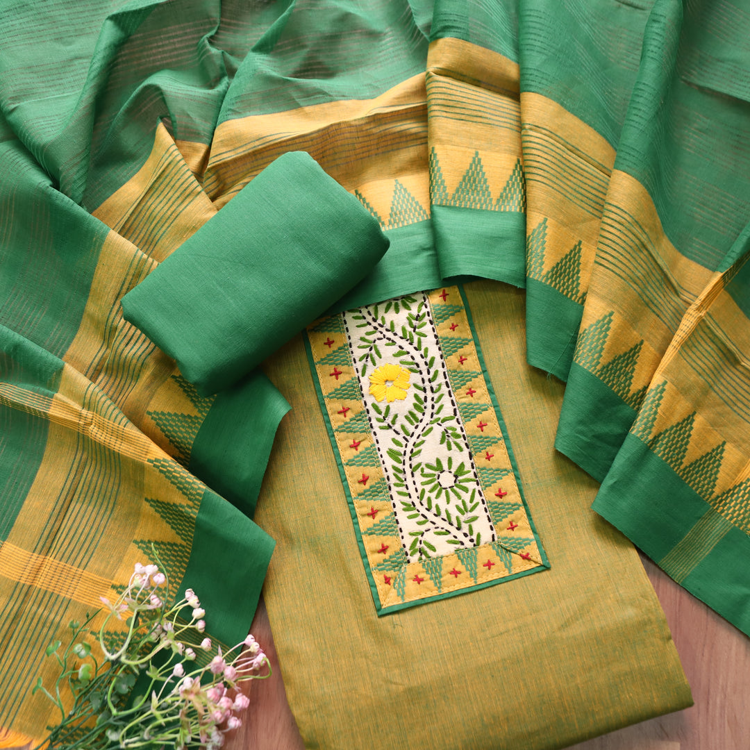 Khayal Minty Green Thread Embroidered Neck Patch Temple Print South Cotton Set