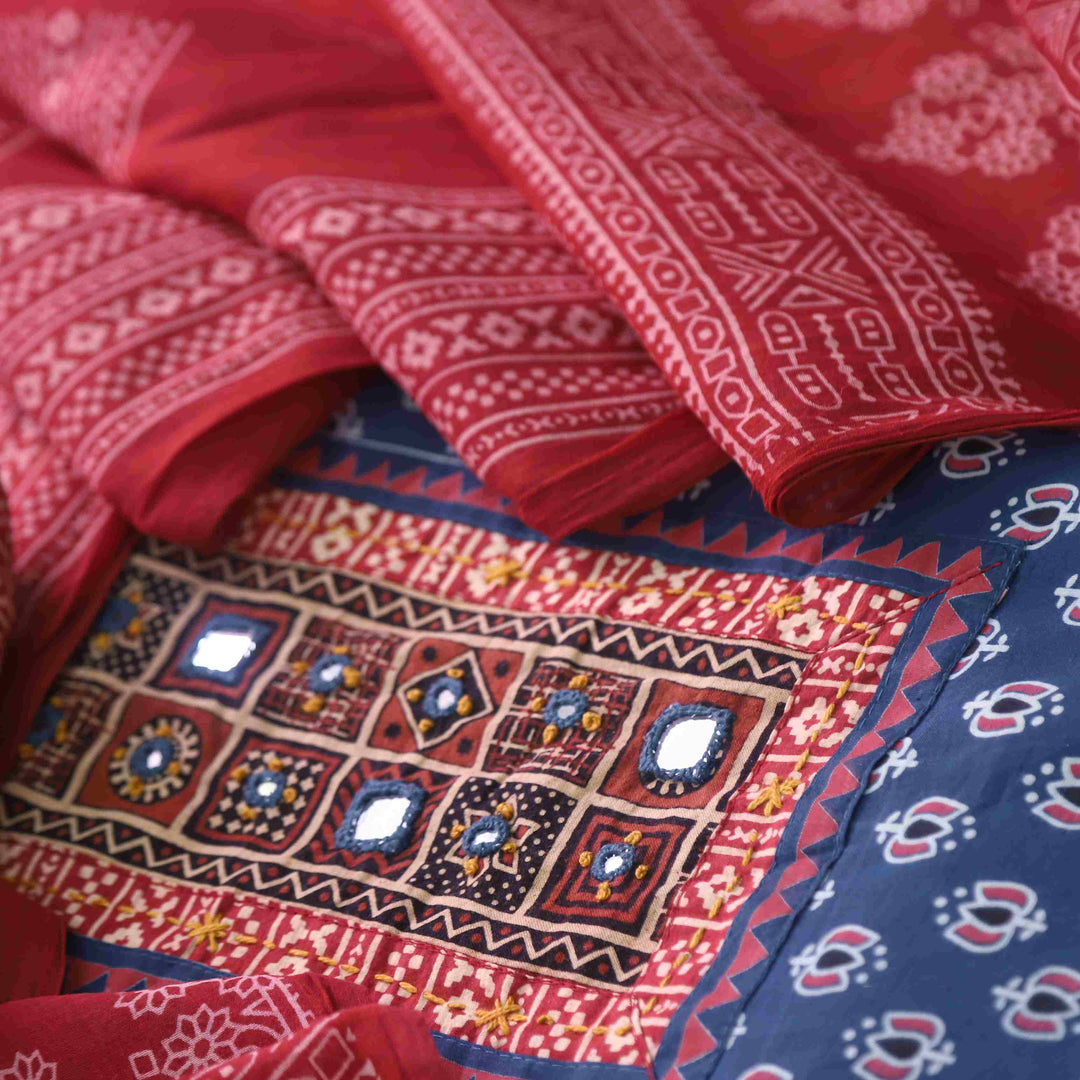 Chandni Denim Blue Ajrak Print Cotton Top With Printed Dupatta