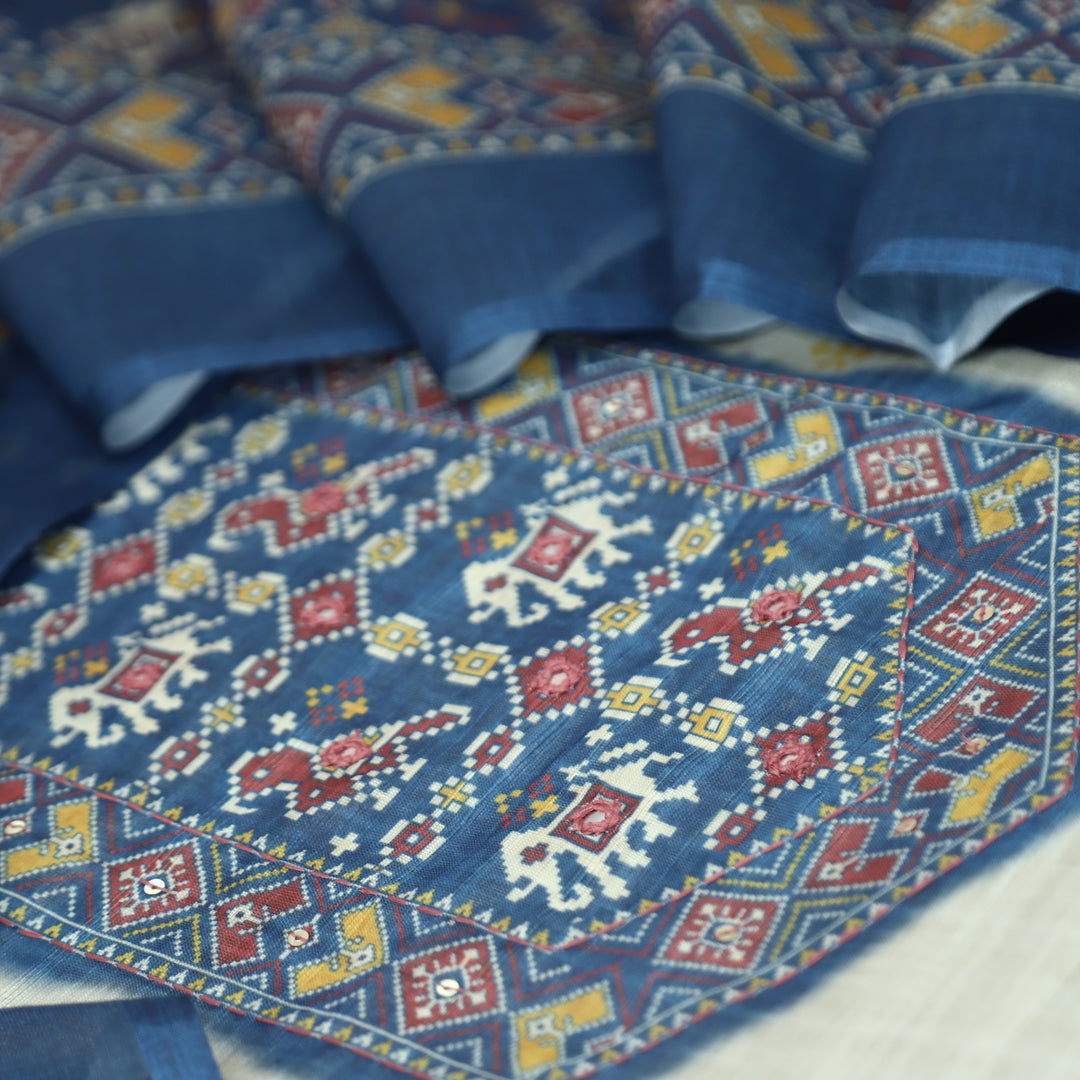 Saheli Beige with Blue Patola Printed Hem and Yoke with Patra Cotton Linen Set