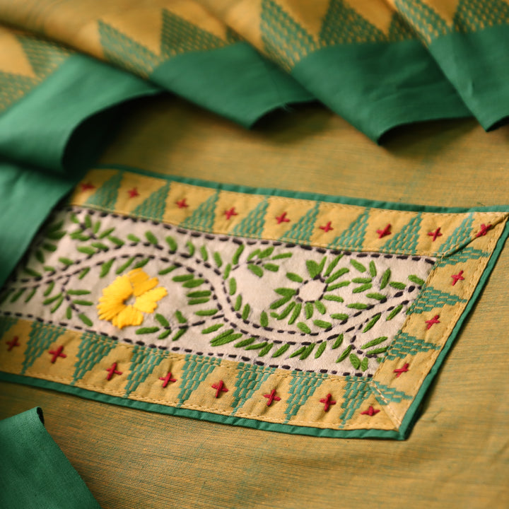 Khayal Minty Green Thread Embroidered Neck Patch Temple Print South Cotton Set