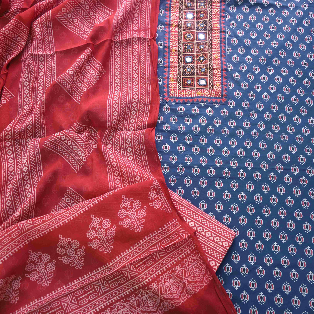 Chandni Denim Blue Ajrak Print Cotton Top With Printed Dupatta