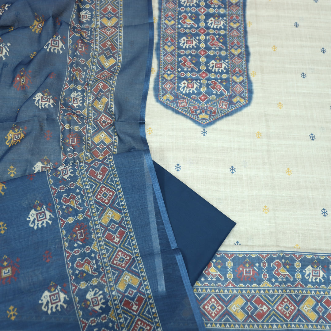 Saheli Beige with Blue Patola Printed Hem and Yoke with Patra Cotton Linen Set