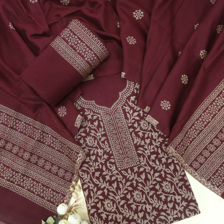 Deewani Dark Marron Zari Weaved Semi Pashmina Suit Set