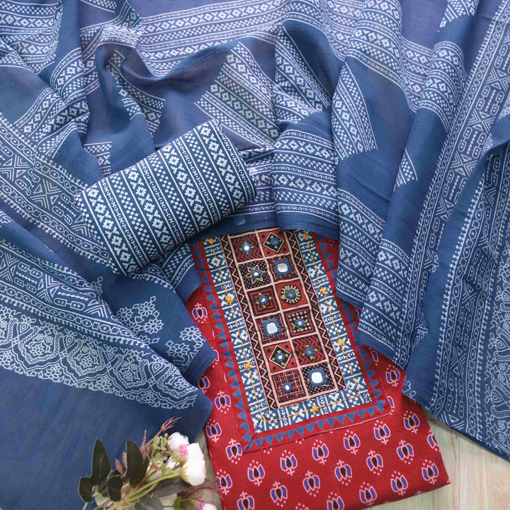 Chandni Cherry Red Ajrak Print Cotton Top With Printed Dupatta