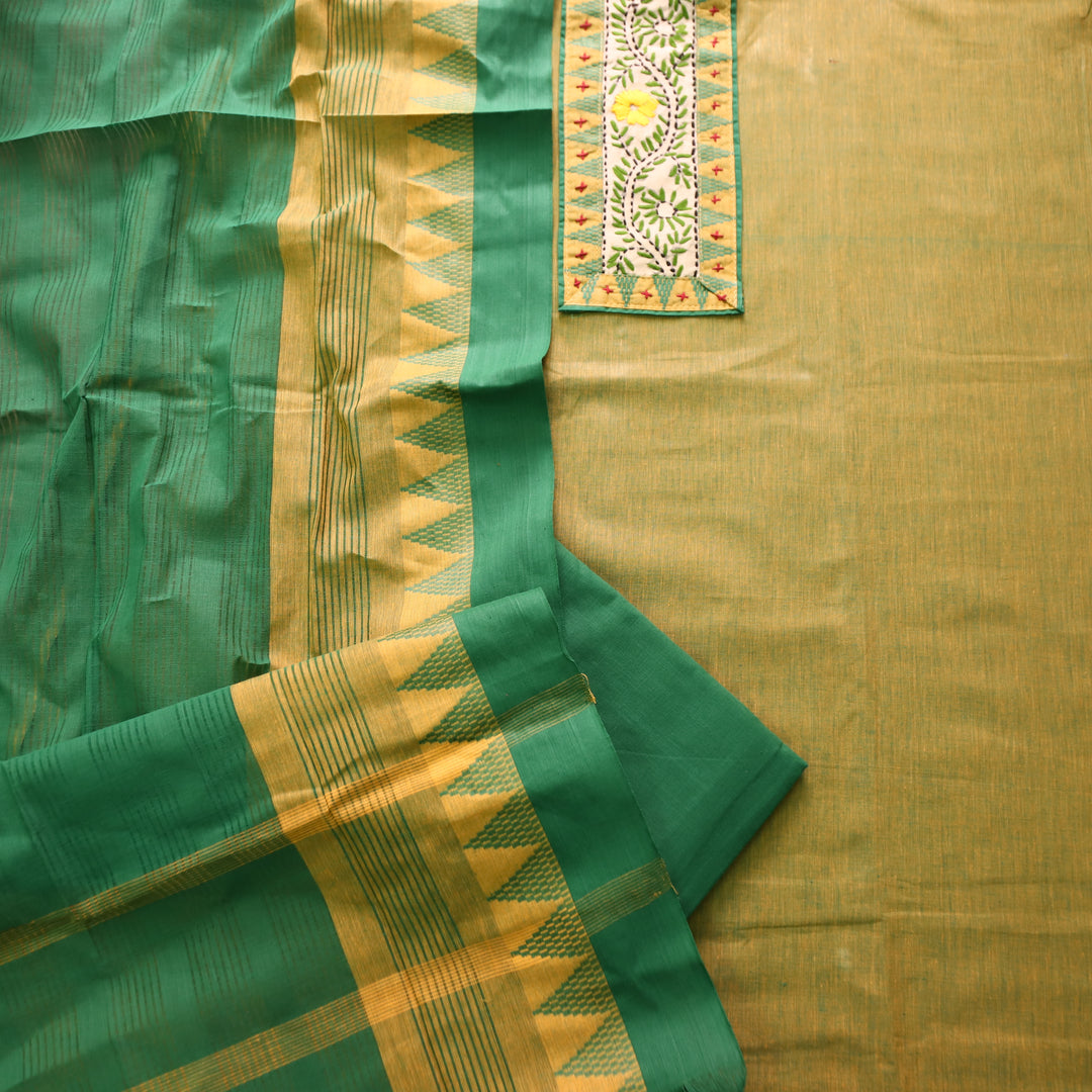 Khayal Minty Green Thread Embroidered Neck Patch Temple Print South Cotton Set