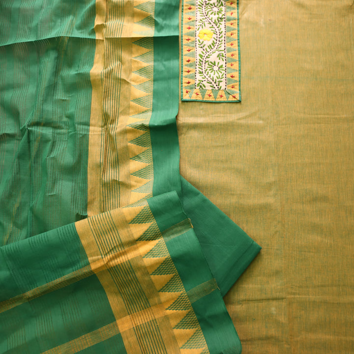 Khayal Minty Green Thread Embroidered Neck Patch Temple Print South Cotton Set
