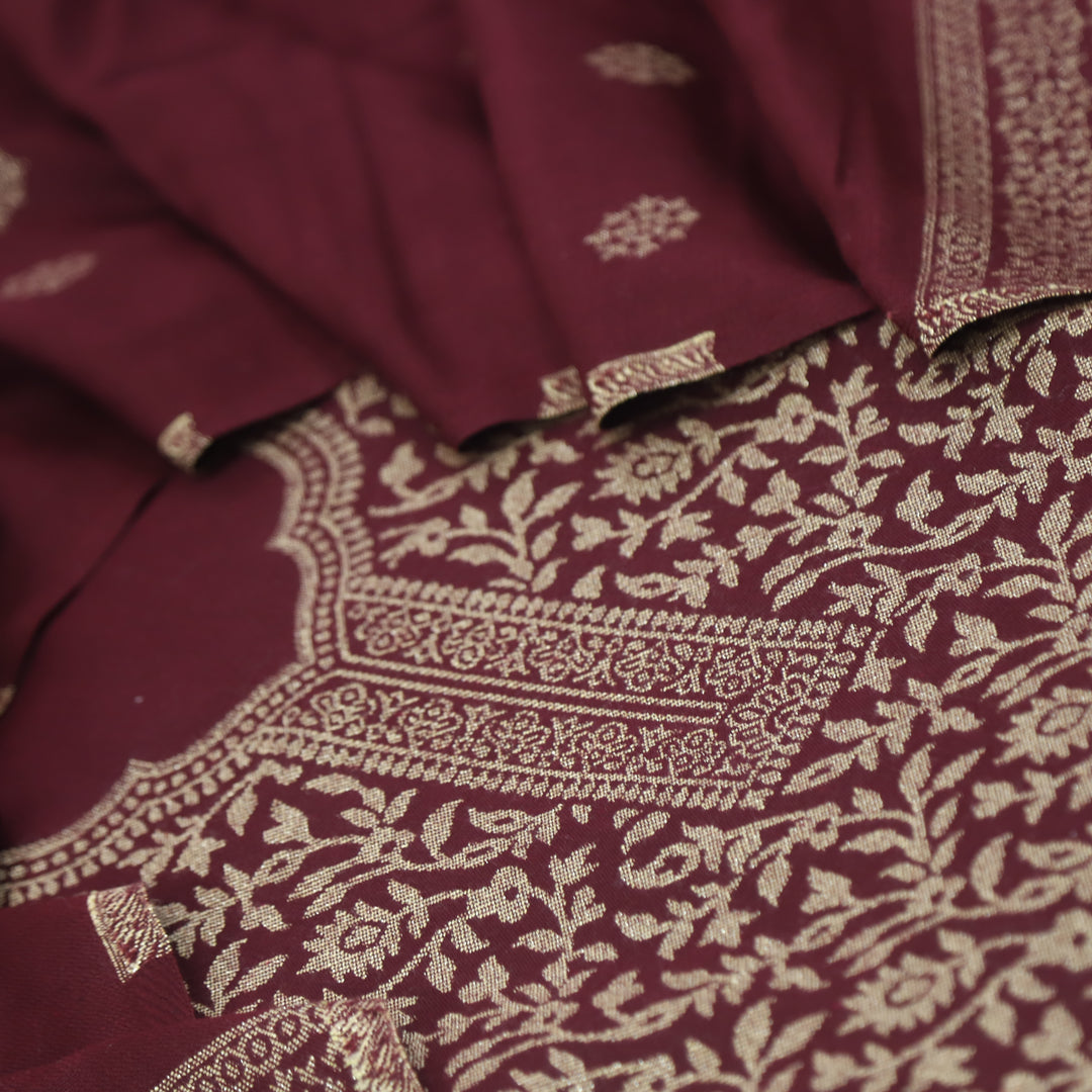 Deewani Dark Marron Zari Weaved Semi Pashmina Suit Set