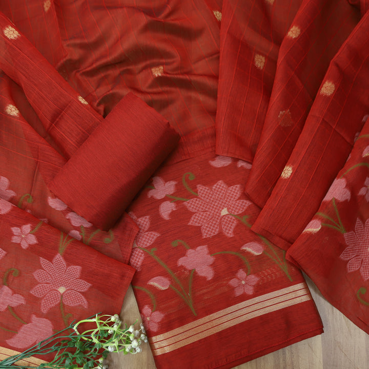 Kush Maroon Red Floral Authentic Jamdani Weaved Work Chanderi Suit Set