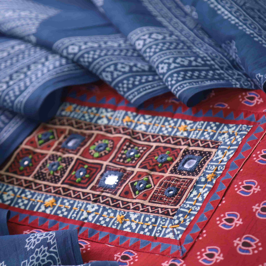 Chandni Cherry Red Ajrak Print Cotton Top With Printed Dupatta