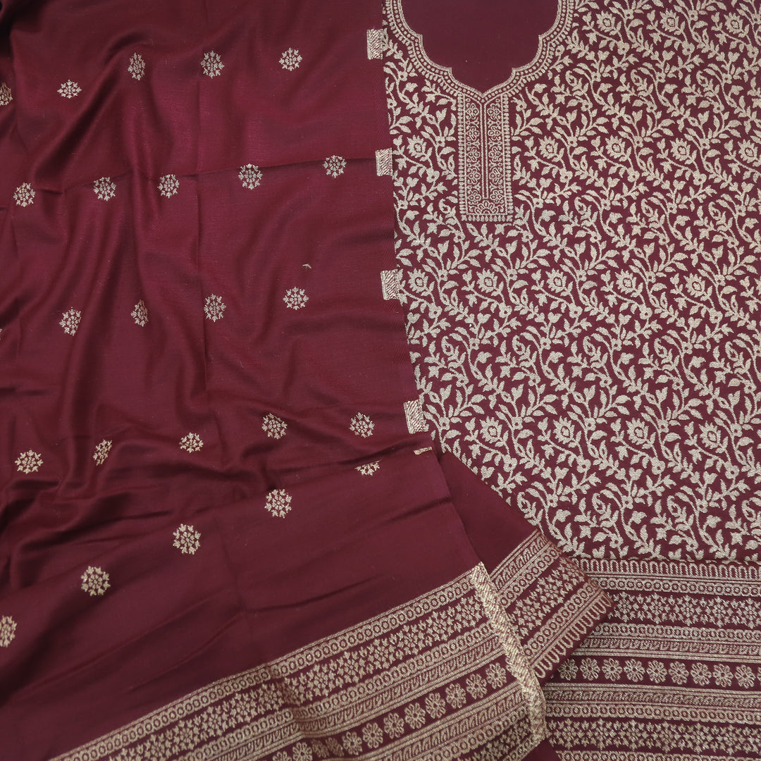Deewani Dark Marron Zari Weaved Semi Pashmina Suit Set