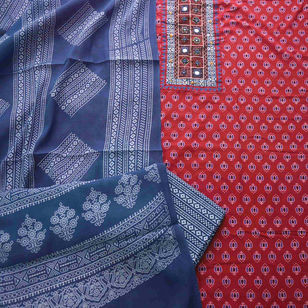 Chandni Cherry Red Ajrak Print Cotton Top With Printed Dupatta