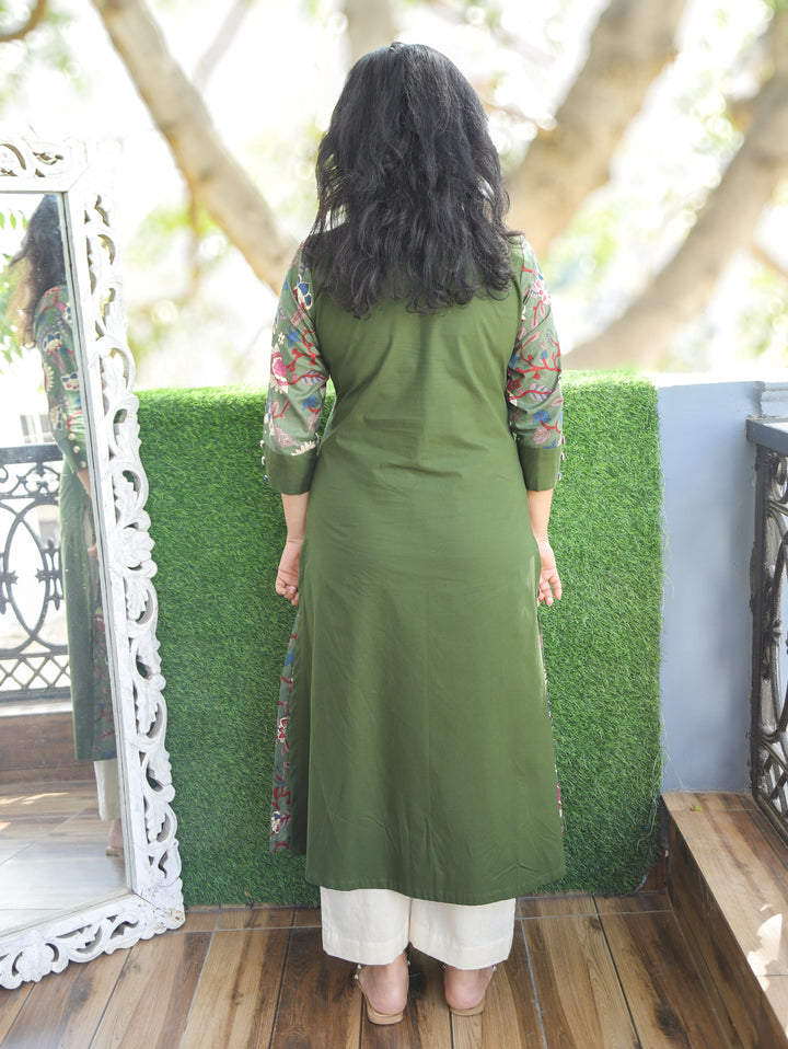 Khushi Forest Green Button Work Round Neck Floral Printed Panel Cotton Kurti