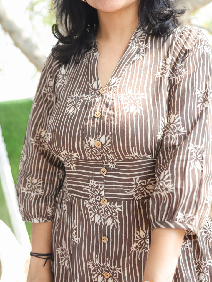 Joe Roce Choco Brown Dabu Print Cotton Dress