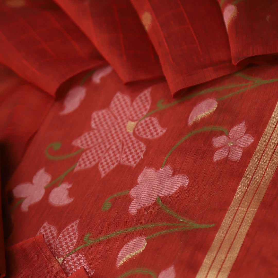 Kush Maroon Red Floral Authentic Jamdani Weaved Work Chanderi Suit Set