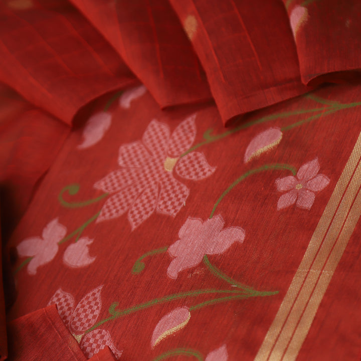 Kush Maroon Red Floral Authentic Jamdani Weaved Work Chanderi Suit Set