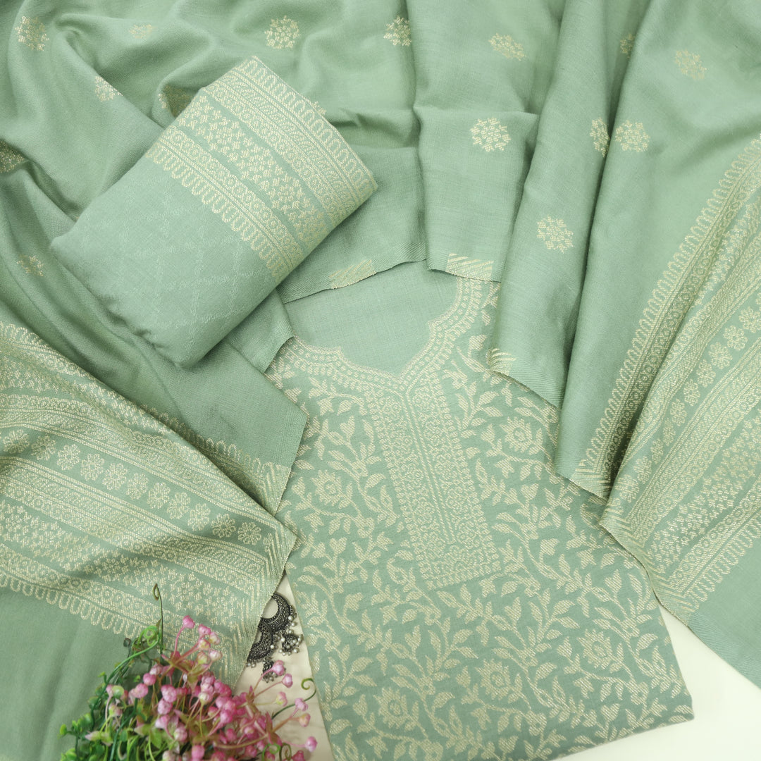 Deewani Pistachio Green Zari Weaved Semi Pashmina Suit Set