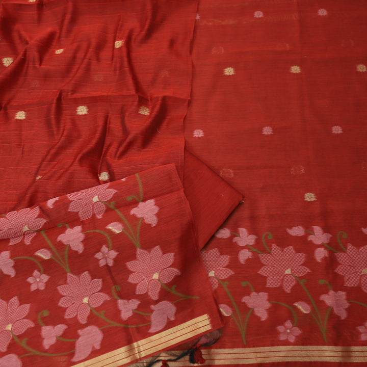 Kush Maroon Red Floral Authentic Jamdani Weaved Work Chanderi Suit Set