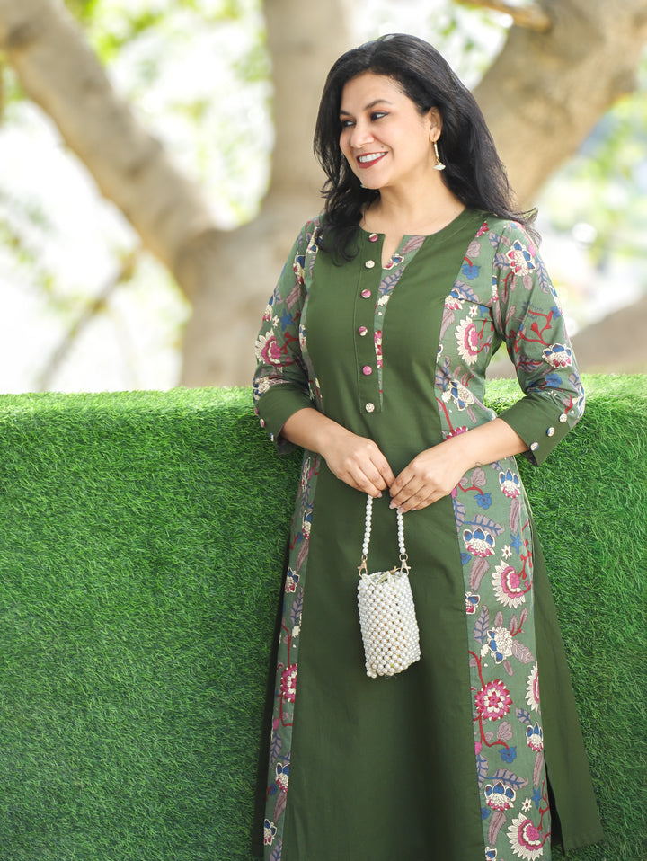Khushi Forest Green Button Work Round Neck Floral Printed Panel Cotton Kurti