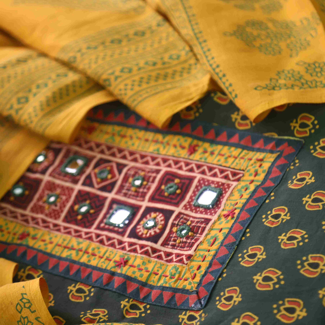 Chandni Sacramneto Green Ajrak Print Cotton Top With Printed Dupatta