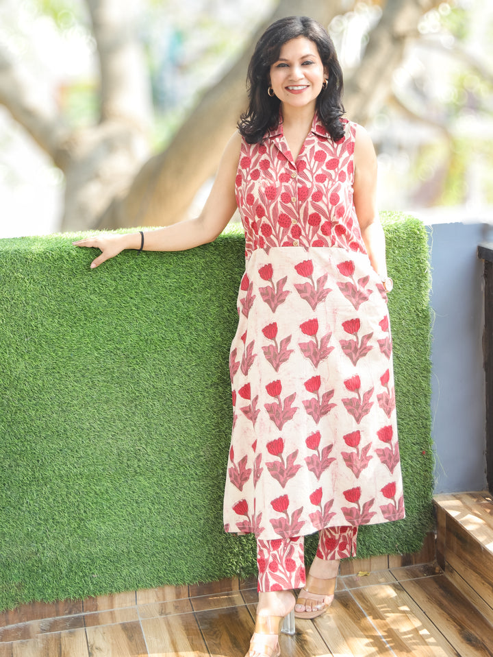 Sayra Beige Red Hnad Black Cotton 2 Piece Set