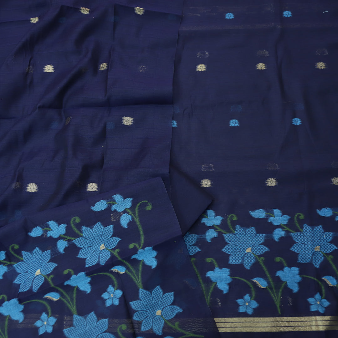 Kush Navy Blue Floral Authentic Jamdani Weaved Work Chanderi Suit Set