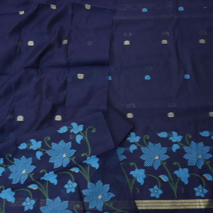 Kush Navy Blue Floral Authentic Jamdani Weaved Work Chanderi Suit Set