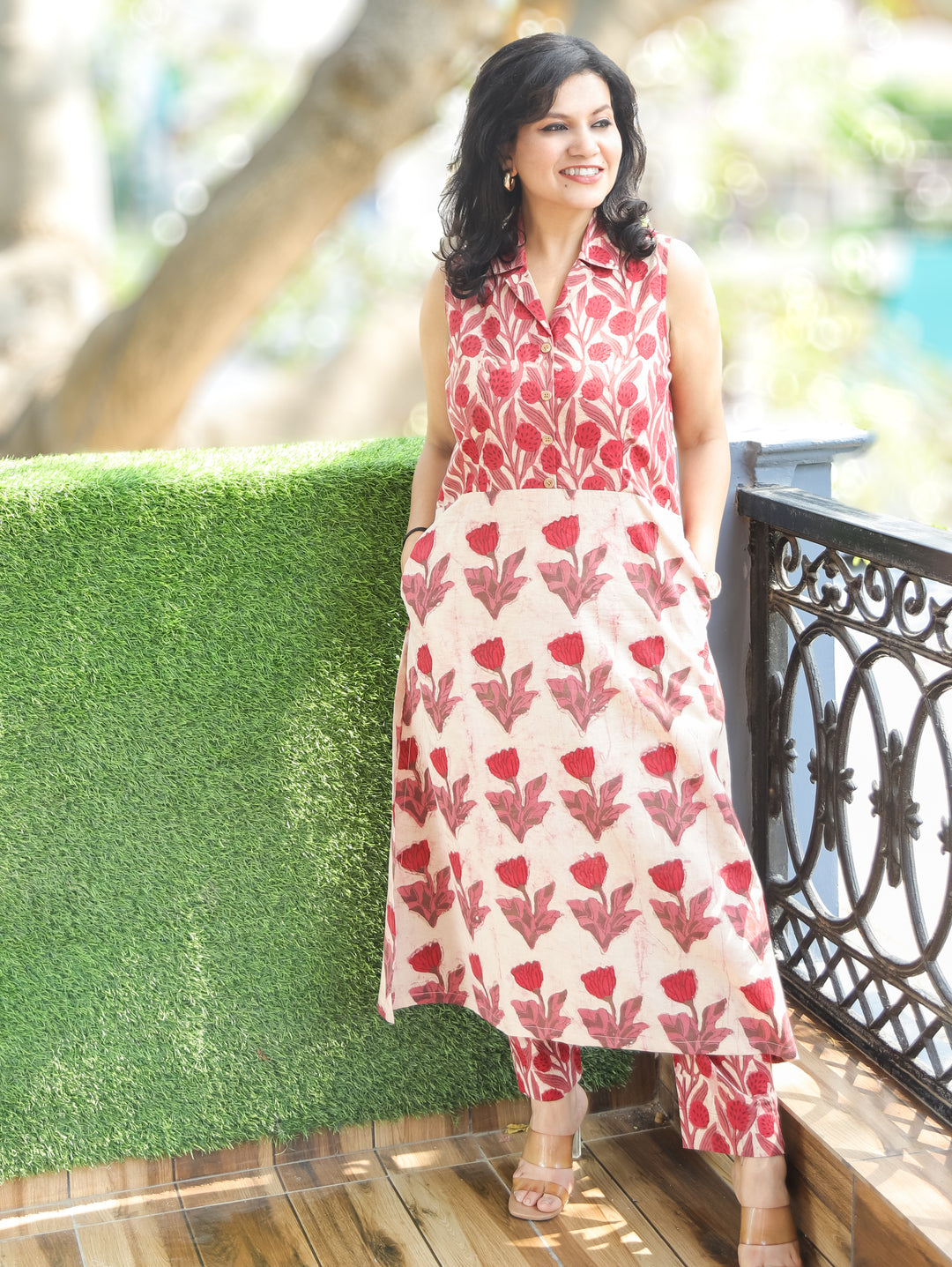 Sayra Beige Red Hnad Black Cotton 2 Piece Set