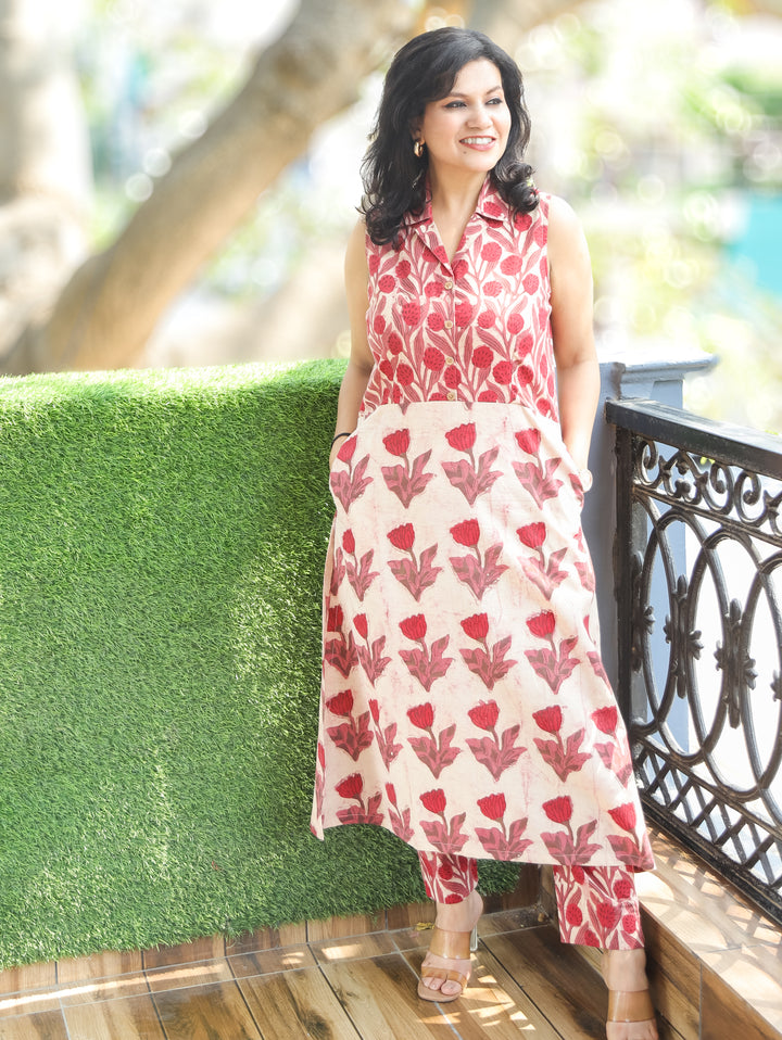 Sayra Beige Red Hnad Black Cotton 2 Piece Set