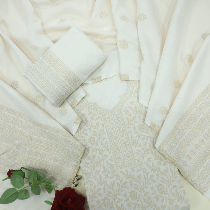 Deewani Ivory White Zari Weaved Semi Pashmina Suit Set