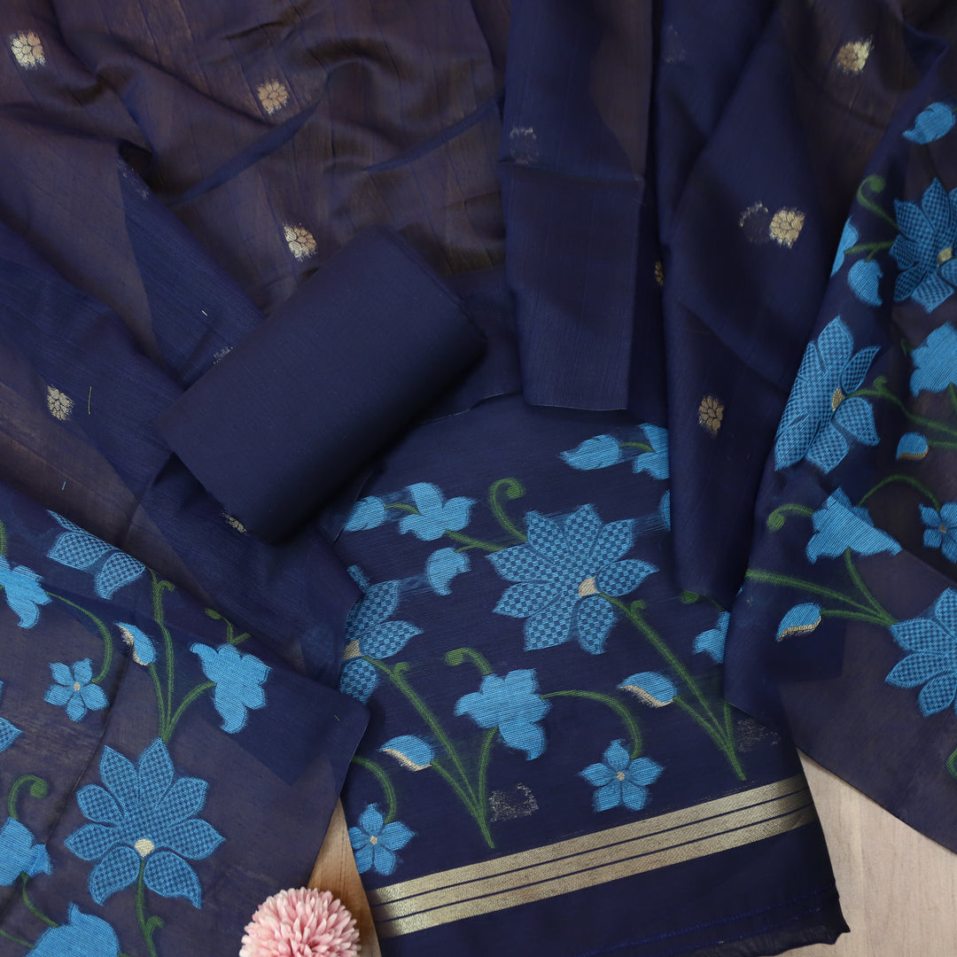Kush Navy Blue Floral Authentic Jamdani Weaved Work Chanderi Suit Set