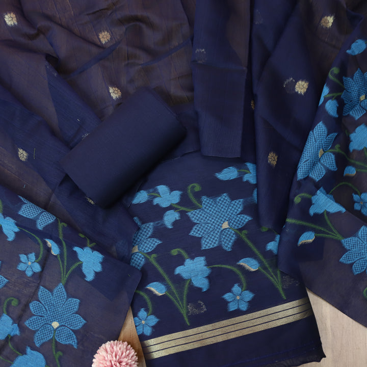 Kush Navy Blue Floral Authentic Jamdani Weaved Work Chanderi Suit Set